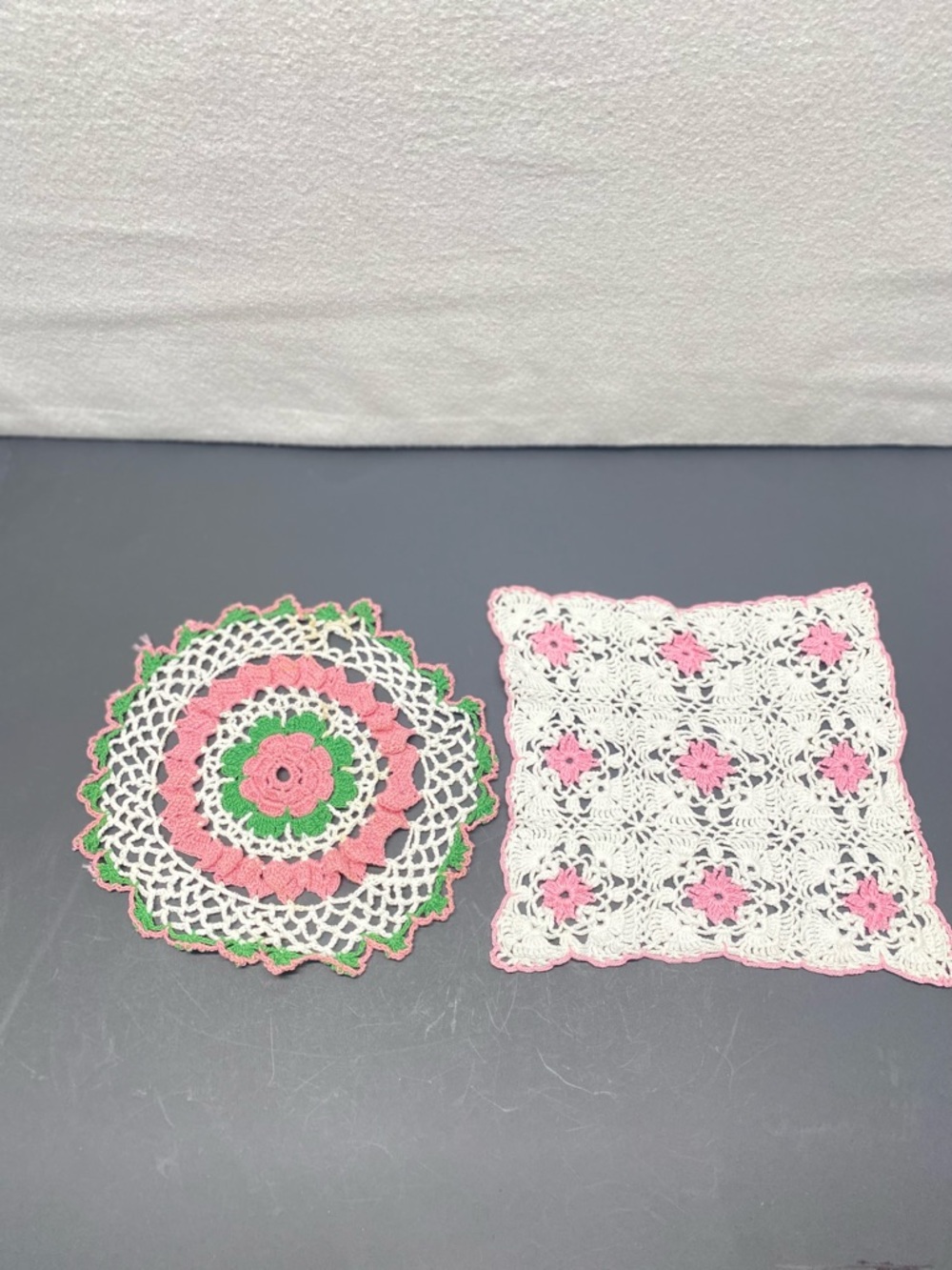 Hand-Crocheted Pink White  Green Doilies 1- Round 1-Square Lot of 2 Cottagecore